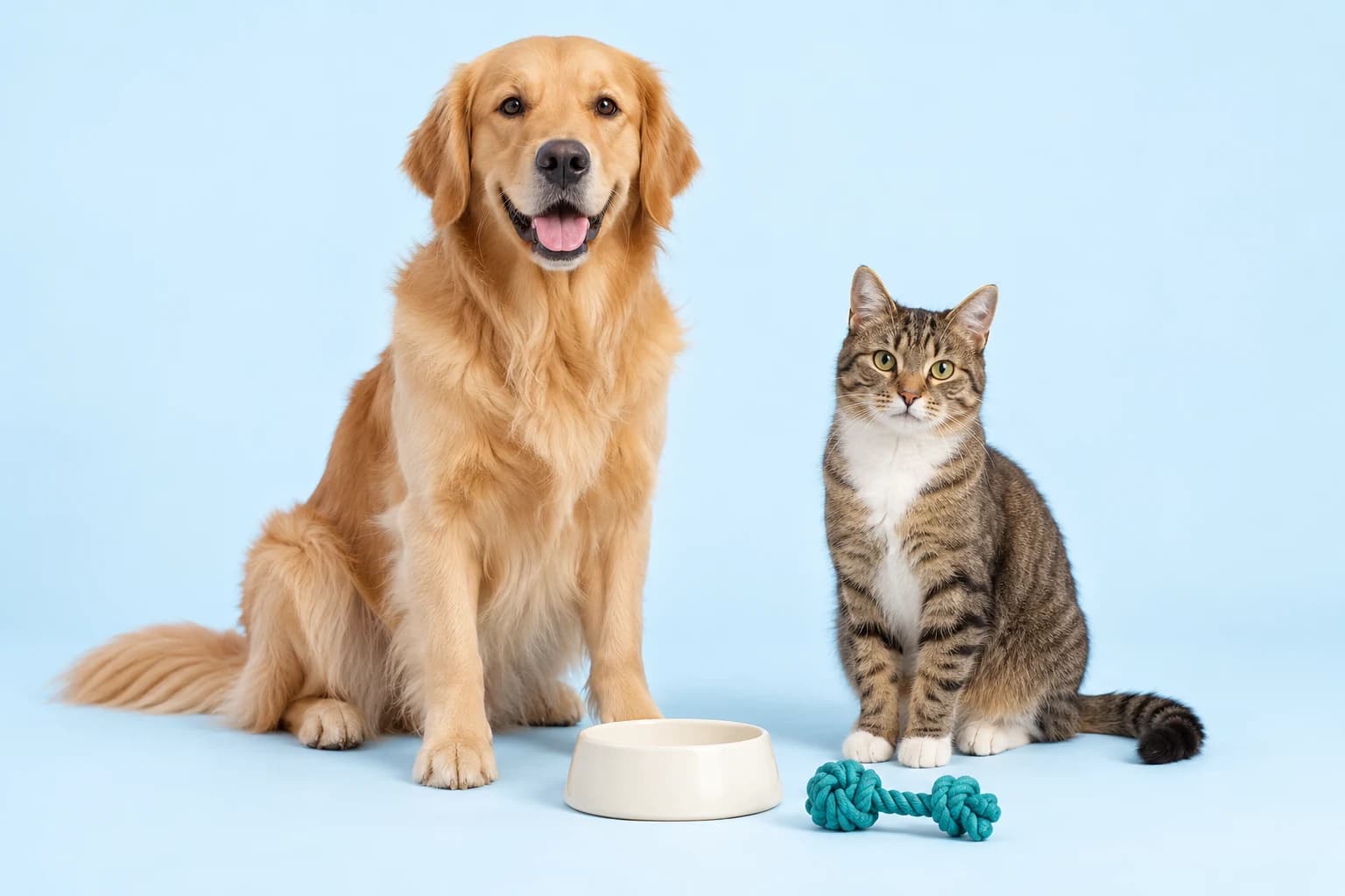 A golden retriever and tabby cat together with everyday pet essentials