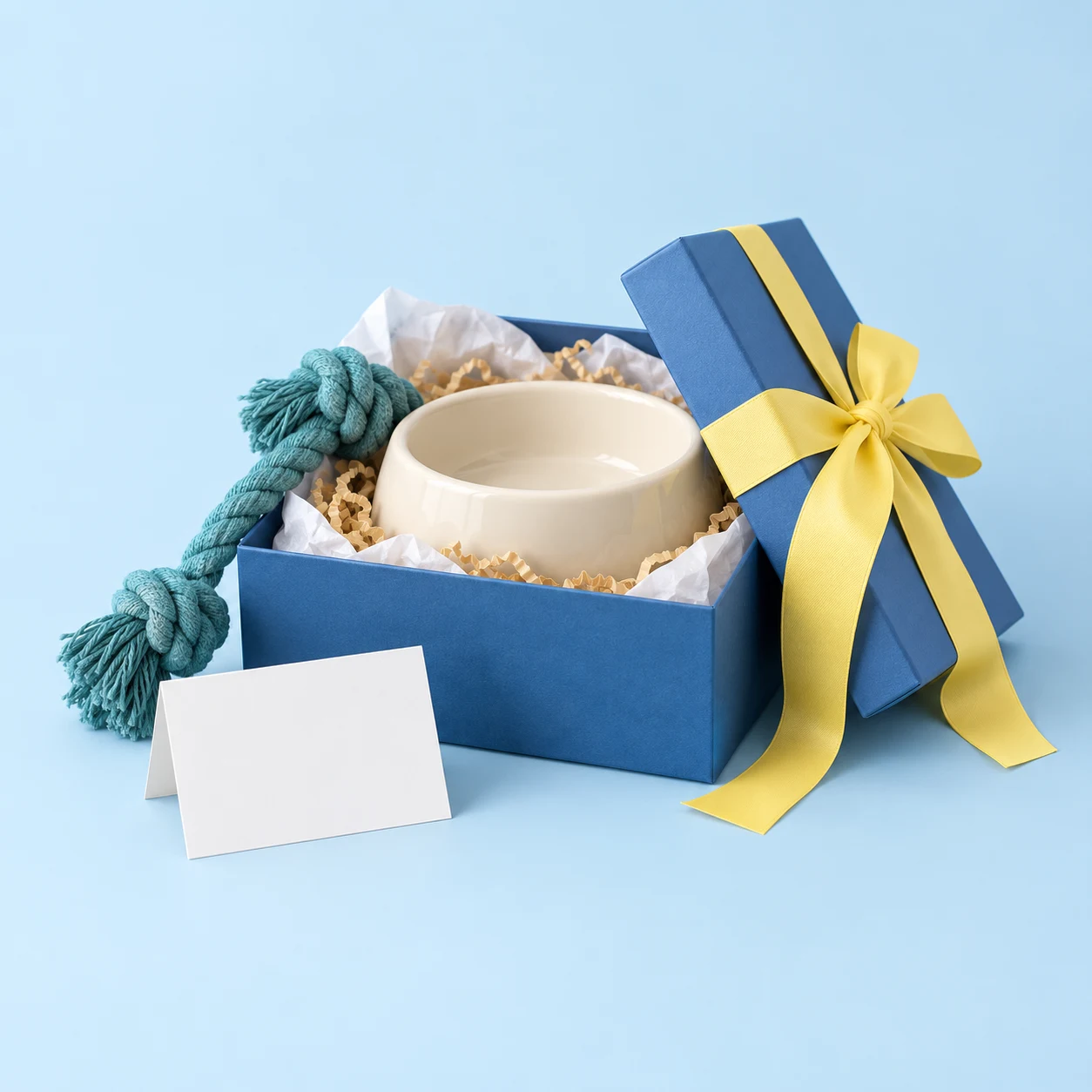 A blue gift box with a lemon ribbon, a ceramic bowl and a rope toy